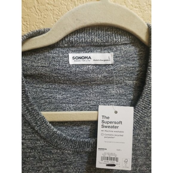 Mens Sonoma Size L Fine Gauge Charcoal Striped Crewneck Sweater Striped Gray NWT - Picture 5 of 5